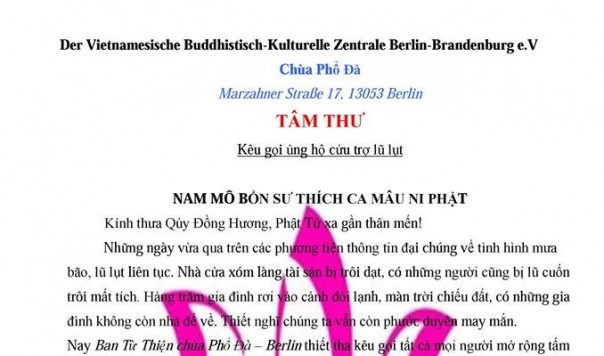 TÂM THƯ: Kêu gọi ủng hộ cứu trợ lũ lụt miền Bắc Việt Nam của Ban Từ Thiện chùa Phổ Đà Berlin