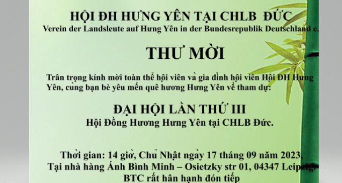 THƯ MỜI: Tham dự đại hội lần thứ 3 cùng Hội đồng hương Hưng Yên tại CHLB Đức