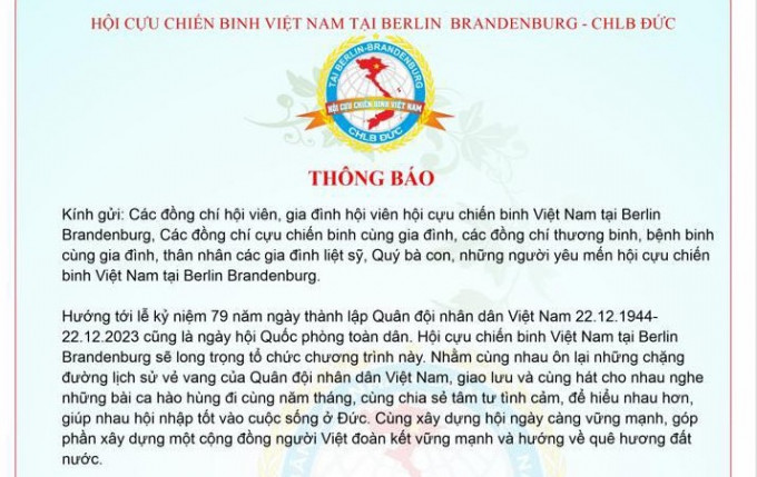 THƯ MỜI: Dự lễ kỷ niệm ngày thành lập QĐND Việt Nam 22.12.1944 - 22.12.2023 tại Berlin