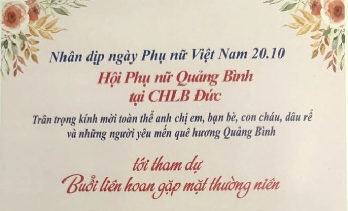 THƯ MỜI: Dự lễ kỷ niệm ngày Phụ nữ Việt Nam 20 - 10 cùng Hội PN Quảng Bình tại CHLB Đức