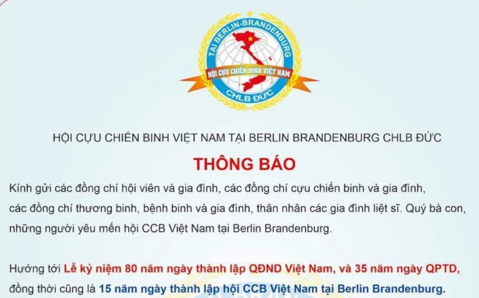 THƯ MỜI: Dự lễ kỷ niệm 80 năm ngày thành lập QĐND Việt Nam cùng Hội CCB Berlin-Brandenburg.