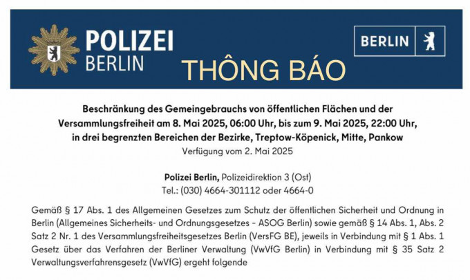 THÔNG BÁO CỦA CẢNH SÁT BERLIN: Giới hạn quyền sử dụng chung tại khu vực công cộng và quyền tụ họp từ 8.5 đến 9.5