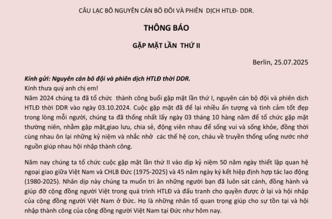 THƯ MỜI: GẶP MẶT LẦN  THỨ II NGUYÊN CÁN BÔ ĐỘI VÀ PHIÊN  DỊCH HTLĐ- DDR.