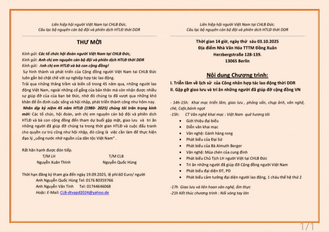 THƯ MỜI DỰ LỄ KỶ NIỆM 45 NĂM HỢP TÁC LAO ĐỘNG VIỆT NAM – ĐỨC (1980 – 2025) VÀ TRI ÂN