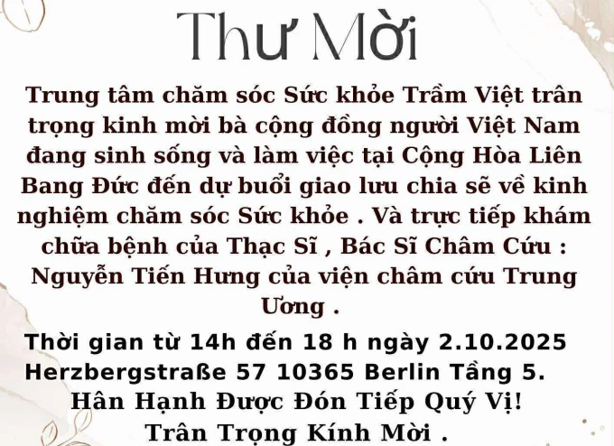 THƯ MỜI: Dự buổi giao lưu chia sẽ về kinh nghiệm chăm sóc Sức khỏe