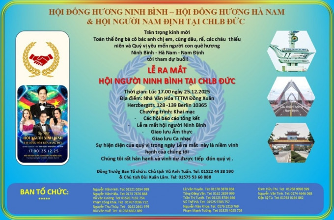 THƯ MỜI: Tham dự Thành lập Hội người Ninh Bình tại CHLB Đức và giao lưu, gặp mặt cuối năm
