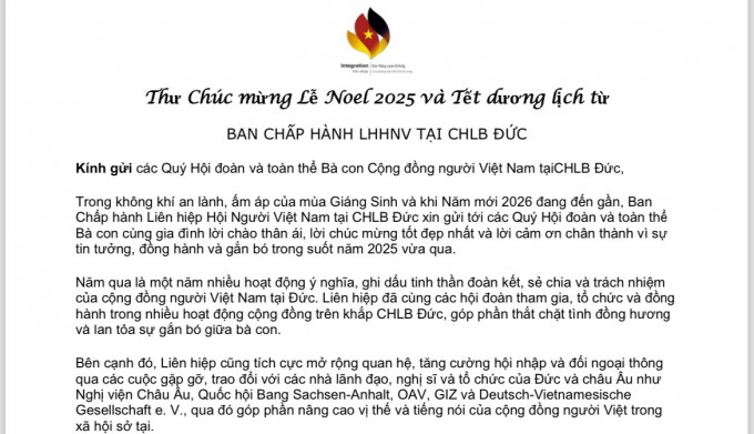 THƯ CHÚC MỪNG LỄ NOEL 2025 VÀ TẾT DƯƠNG LỊCH TỪ BAN CHẤP HÀNH LHHNV TẠI CHLB ĐỨC