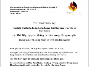 LHHN VIỆT THÔNG BÁO: THAY ĐỔI ĐỊA ĐIỂM TỔ CHỨC ĐẠI HỘI ĐẠI BIỂU TOÀN LB BẤT THƯỜNG 20.12.2025