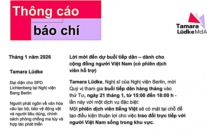 THƯ MỜI: Đến dự buổi tiếp dân của Tamara Lüdke, Nghị sĩ (Đảng SPD)