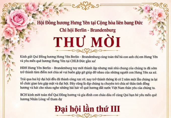 THƯ MỜI THAM DỰ ĐẠI HỘI LẦN THỨ III HỘI ĐỒNG HƯƠNG HƯNG YÊN BERLIN – BRANDENBURG