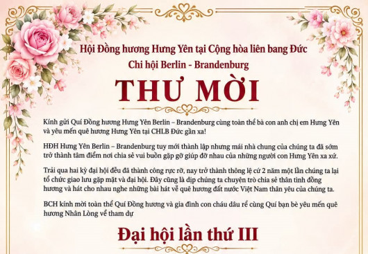 THƯ MỜI THAM DỰ ĐẠI HỘI LẦN THỨ III HỘI ĐỒNG HƯƠNG HƯNG YÊN BERLIN – BRANDENBURG