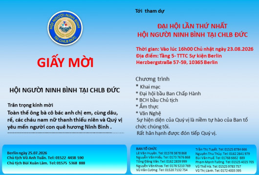 THƯ MỜI THAM DỰ ĐẠI HỘI LẦN THỨ NHẤT HỘI NGƯỜI NINH BÌNH TẠI CHLB ĐỨC